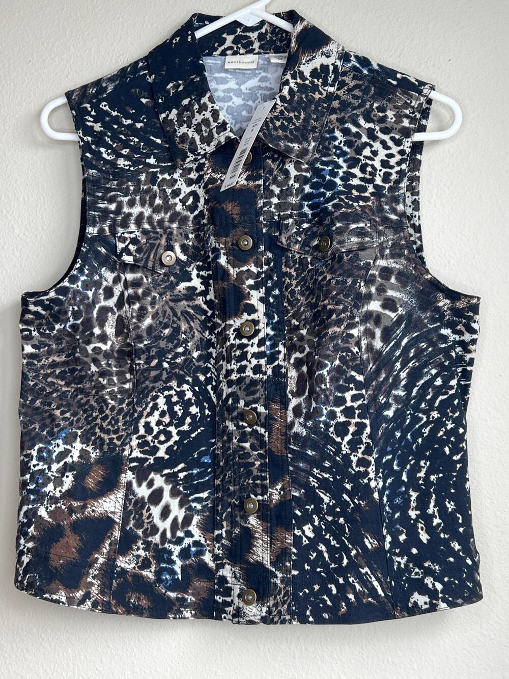 Westbound Animal Patchwork Print Button Front Denim Style Vest Women Medium